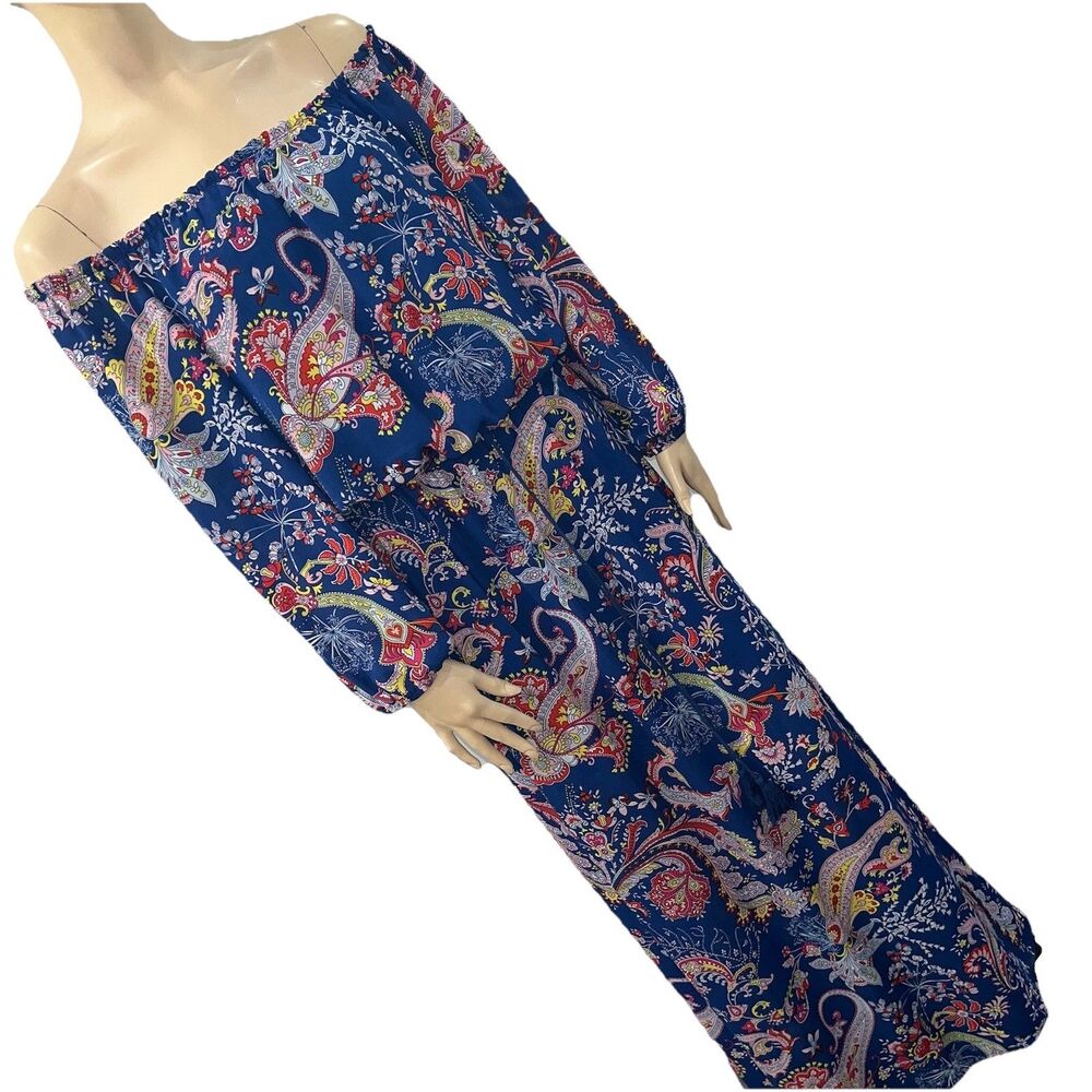 Bisou Bisou Women’s Blue Floral Paisley Off/On The Shoulder Maxi Dress Size 10